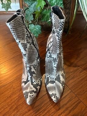Snake-Print Pointed Toe Ankle Boots - Black & Gray